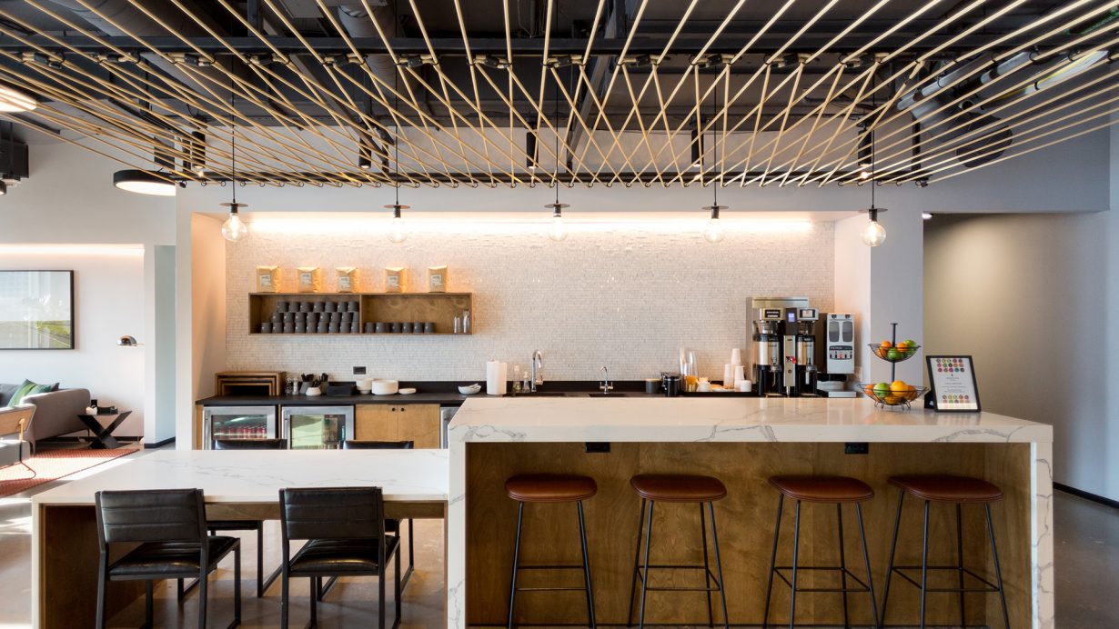 Breakfast, snacks, and coffee are served in the kitchen daily.