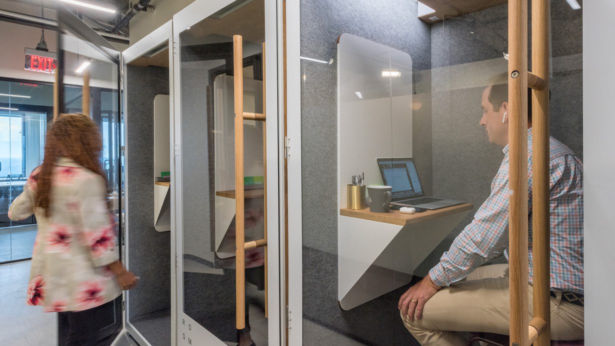 Phone booths give members a place for private calls as well as heads-down work.