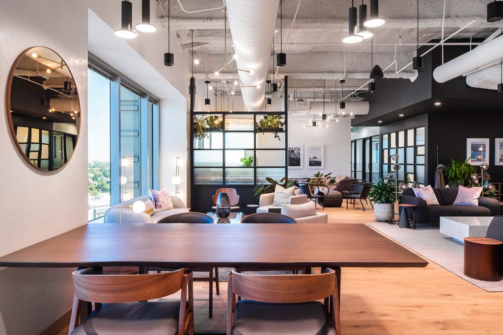 The lounge at Los Angeles’ Industrious Playa District mixes natural and industrial elements.