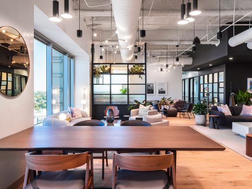 The lounge at Los Angeles’ Industrious Playa District mixes natural and industrial elements.