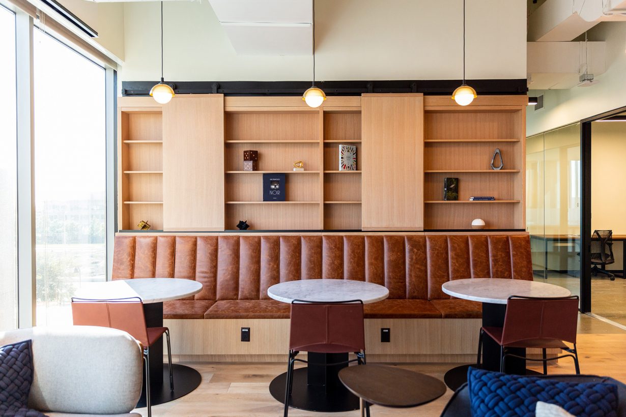 A sleek leather banquette makes for a comfortable and stylish lunch spot.