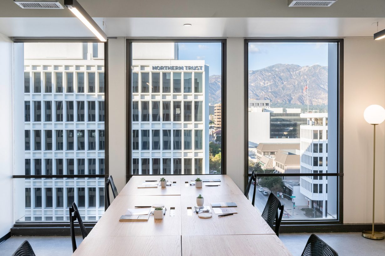 Spacious, private offices afford stunning views of the San Gabriel Mountains.