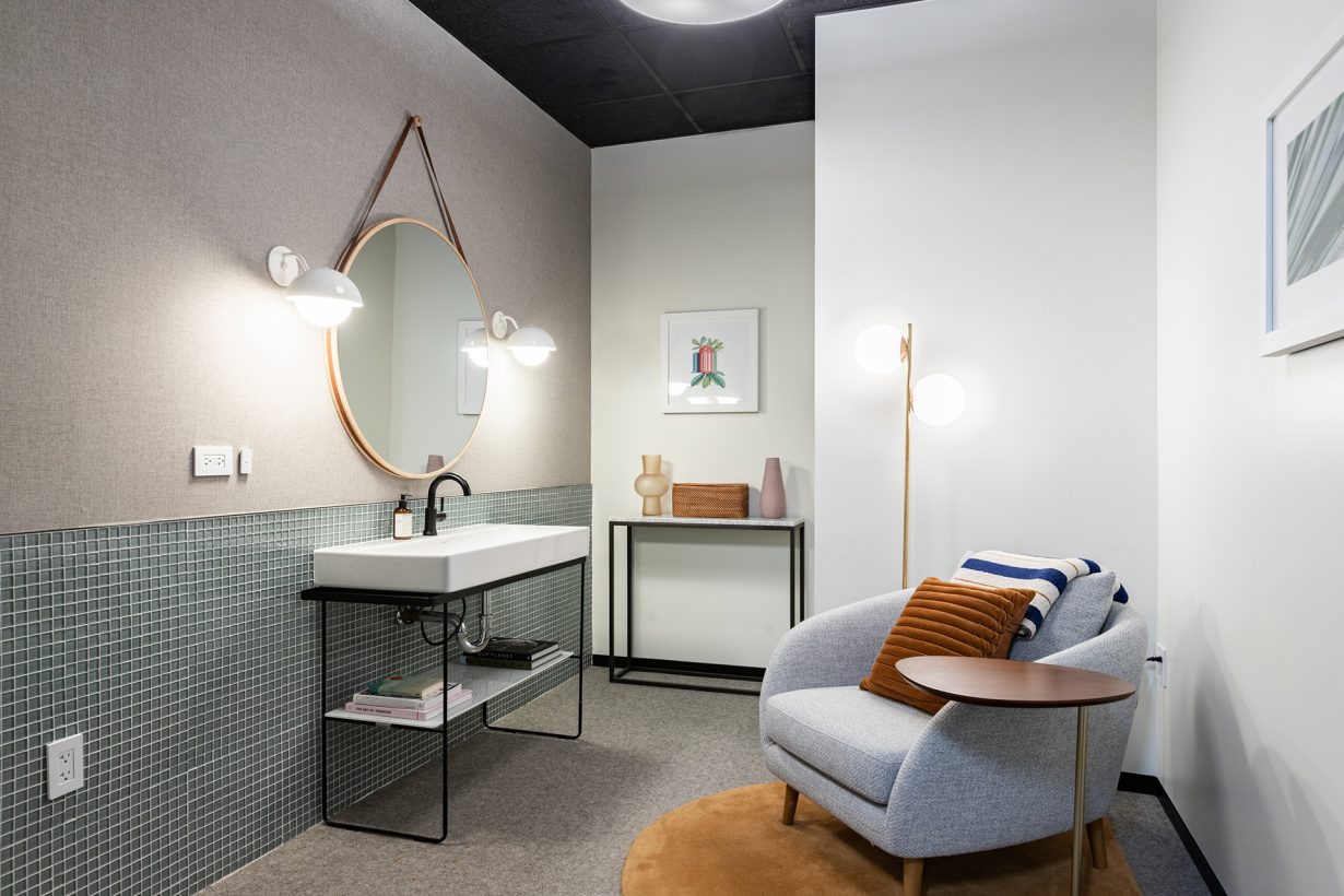A wellness room designed for nursing mothers among other uses.