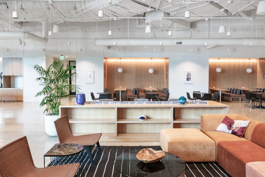 The spacious member lounge at Industrious Newport Beach.