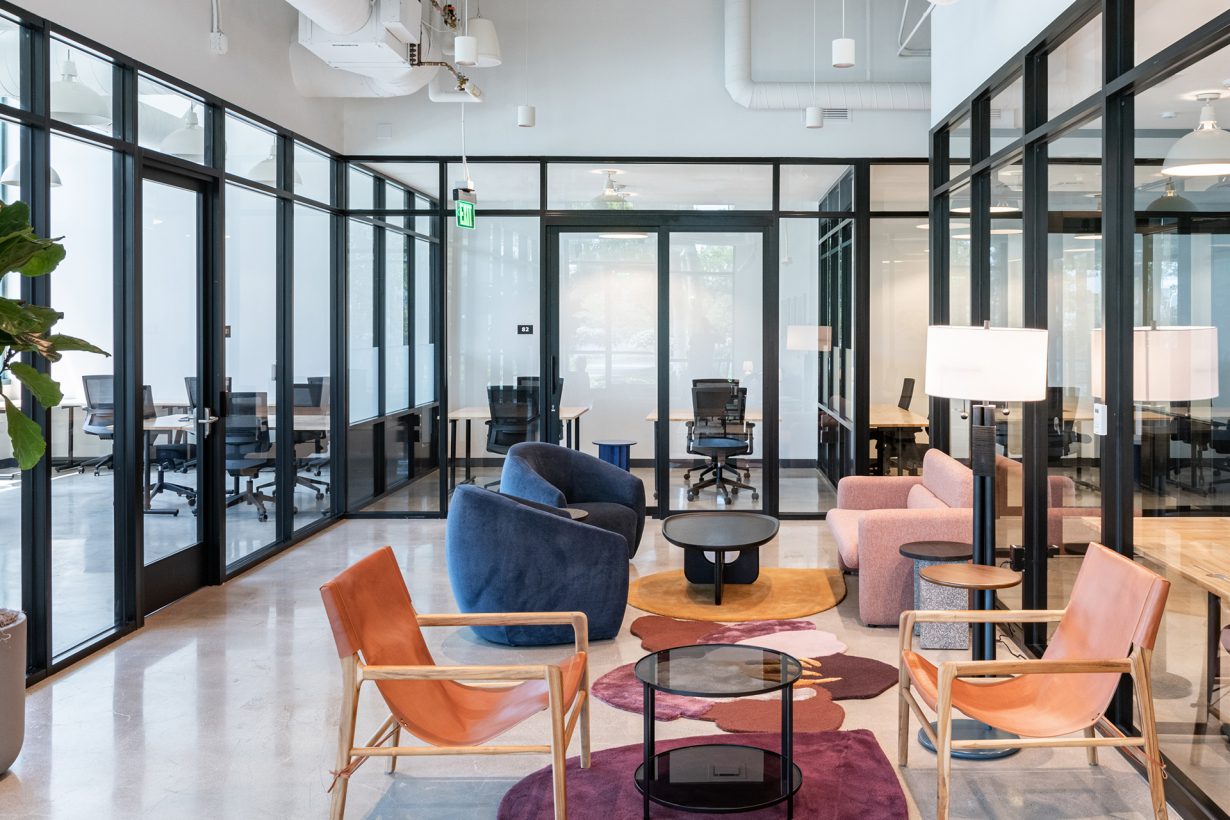 Colorful, comfortable furnishings provide members with convenient spots for an impromptu huddle.