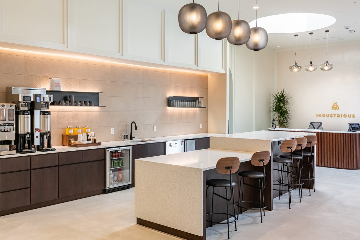The kitchen at Industrious Old Pasadena is stocked each morning with freshly-brewed craft coffee and breakfast for members.