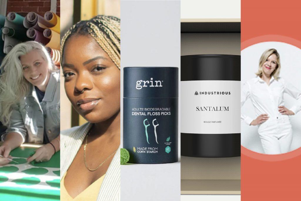 A tiled image featuring products and logos from five different women owned businesses that Industrious parters with in vendor relationships