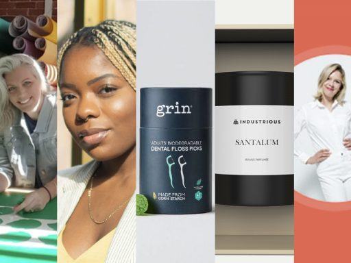 A tiled image featuring products and logos from five different women owned businesses that Industrious parters with in vendor relationships