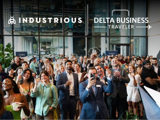 Delta X Industrious A photo of a large crowd gathered in Industrious Old Fourth Ward in Atlanta at the launch party for the Delta Business Traveler program.