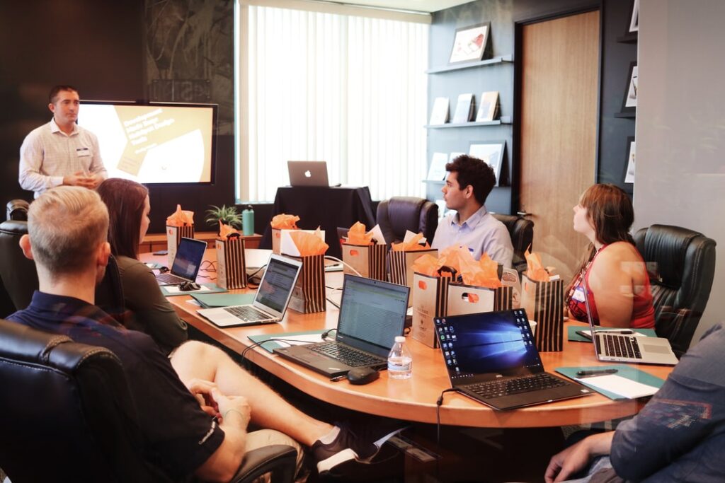 people collaborating in an office space together.