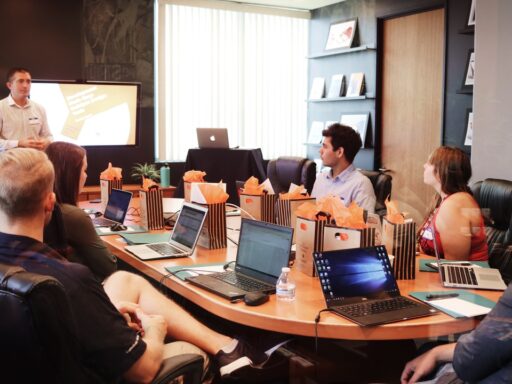 people collaborating in an office space together.